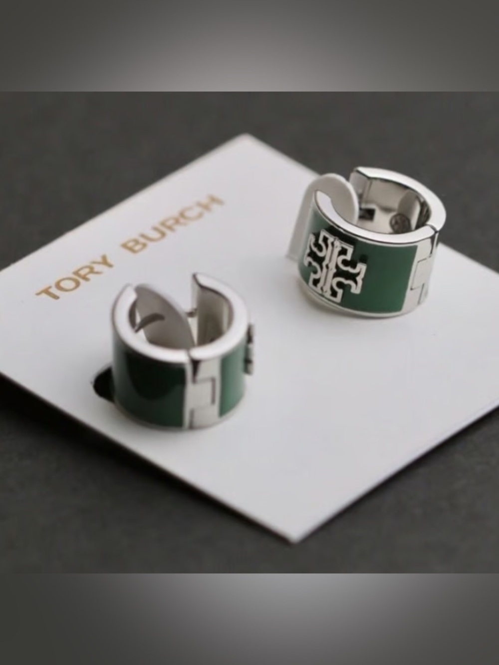 Tory Burch Green Enamel Logo Hoop Huggie Earrings